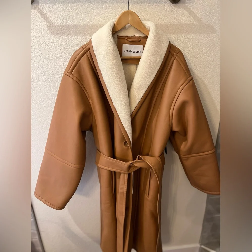STAND STUDIO Tan Dolores Belted Shearling Coat Size 8 - Picture 13 of 13